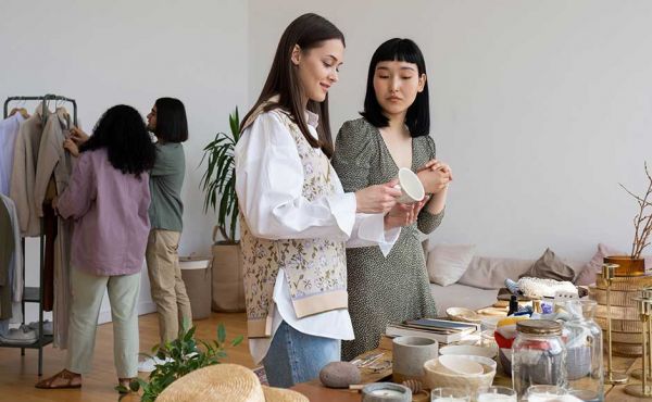 Women looking at items at a rummage sale